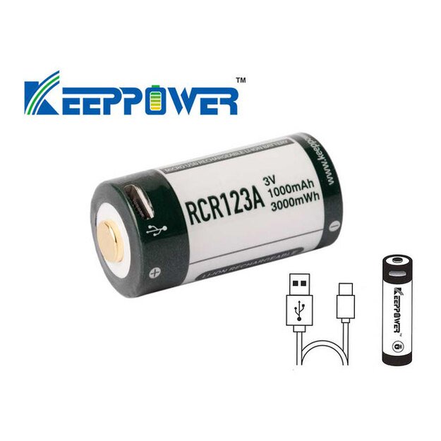 Keeppower 16340 1000mAh 3V su micro USB 2 vnt.