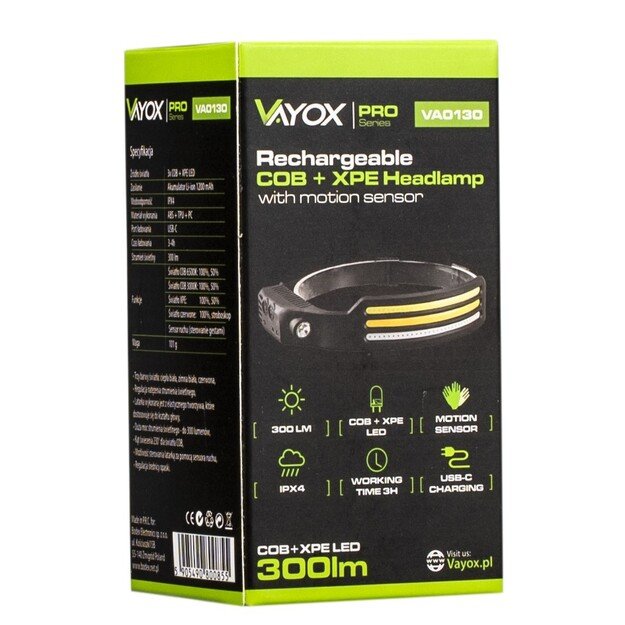 Vayox žibintuvėlis ant galvos 3x COB + XPE LED VA0130
