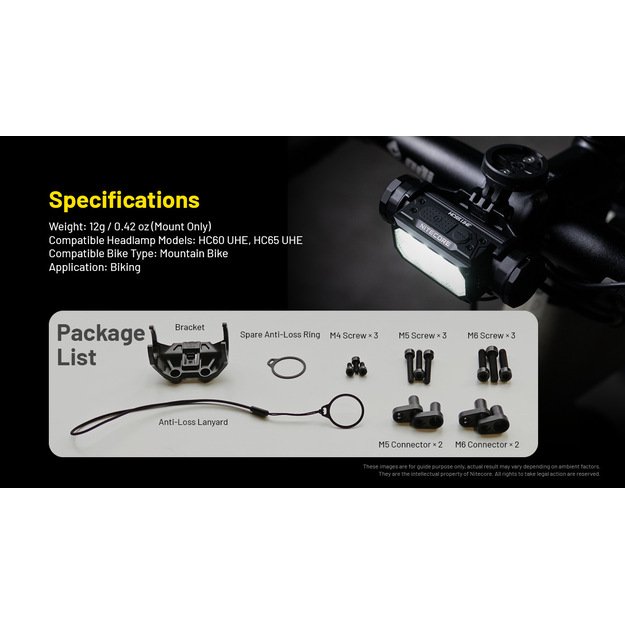 Nitecore BM06 priekinio žibinto laikiklis dviračiui, skirtas HC60 UHE ir HC65 UHE