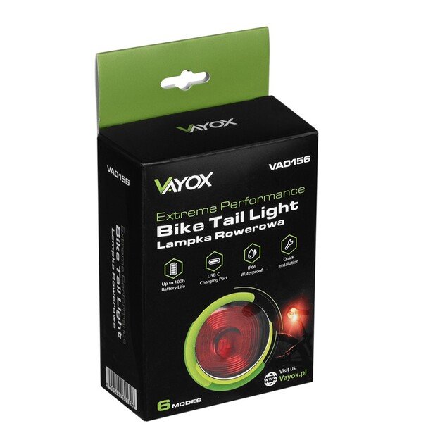 Vayox Задний велосипедный фонарь USB-C 250mAh VA0156