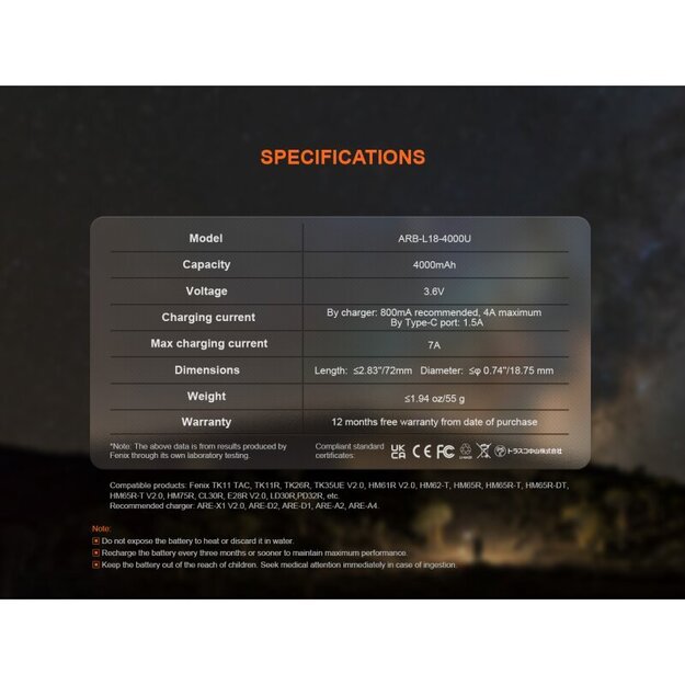 Fenix ​​​​ARB-L18-4000U 18650 Li-Ion baterija, įkraunama USB 4000 mAh