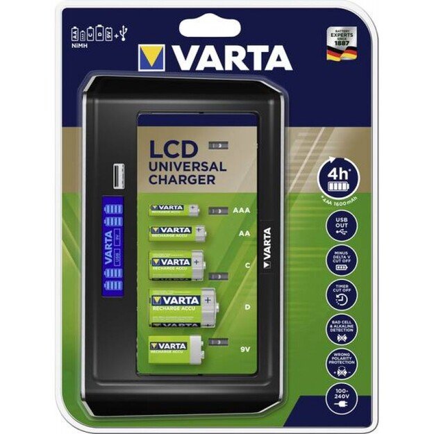 Universalus AAA/AA/C/D/9V baterijų kroviklis Varta LCD Universal Charger