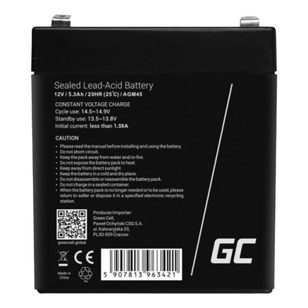 Techninės priežiūros nereikalaujantis AGM VRLA Green Cell AGM45 12V 5,3Ah akumuliatorius (skirtas signalizacijai, kasos aparatui, žaislui)
