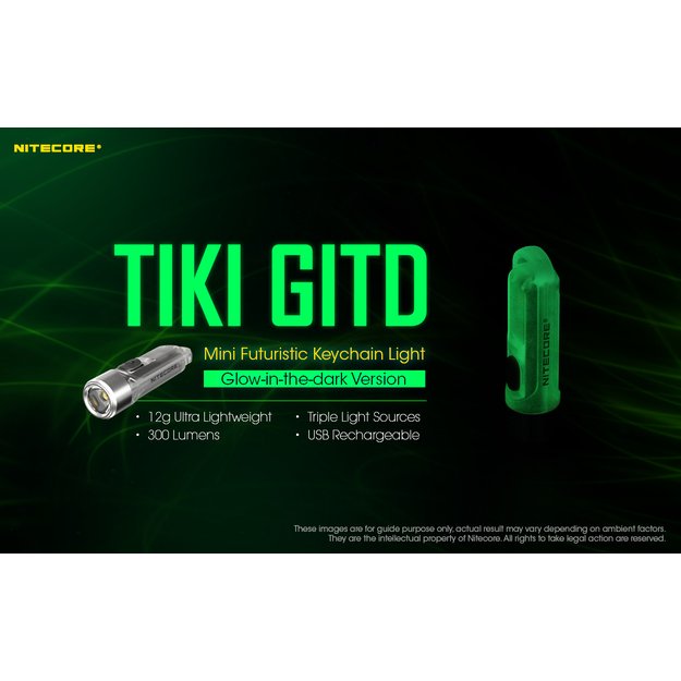 Nitecore TIKI GITD įkraunamas LED raktų žibintuvėlis, 300 Lm