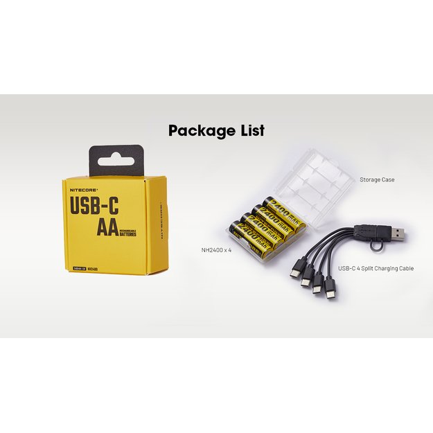Nitecore lithium-ion battery, 1.5 V, USB-C, 2400 mAh, 4 pcs. NH2400