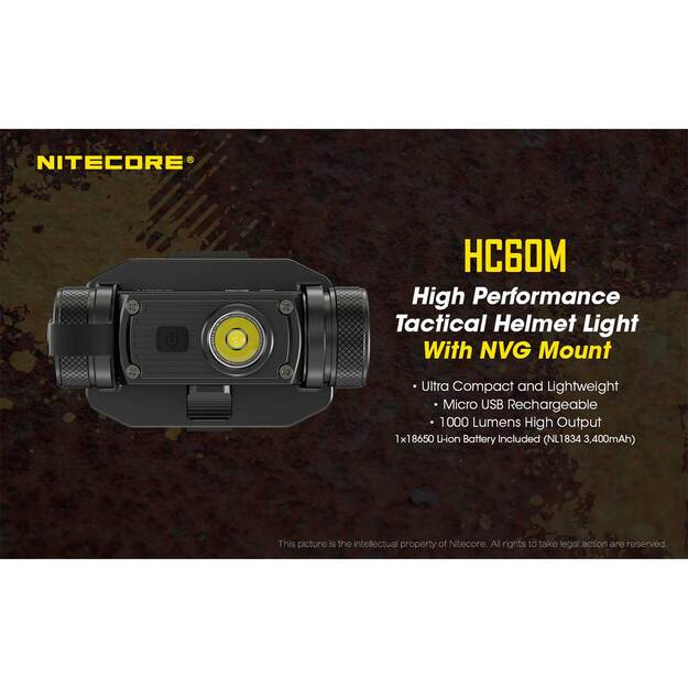 Nitecore HC60M žibintuvėlis ant šalmo