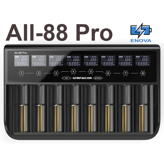 Gyrfalcon All-88 Pro – 8 vietų ličio jonų 1,5 V; 3,6–3,7 V LiFePO4 3,2 V ir NiMH akumuliatorių įkroviklis