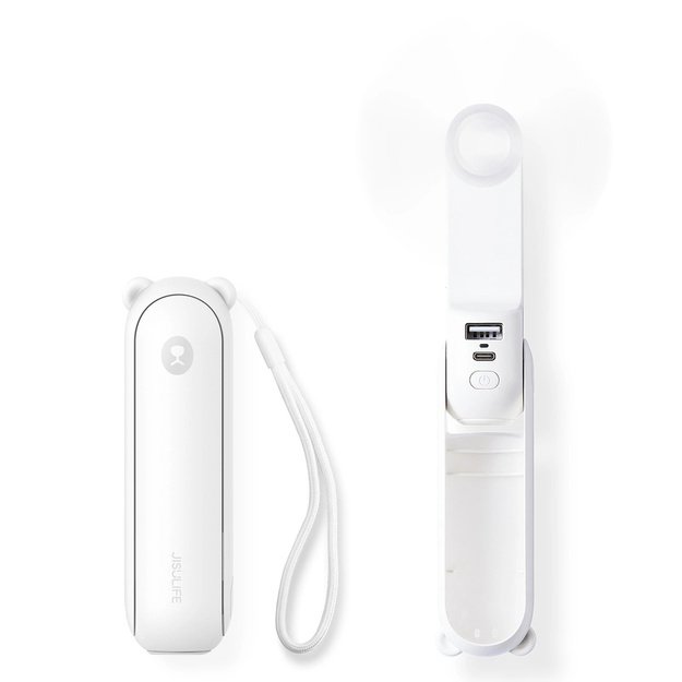 Jisulife nešiojamas ventiliatorius „Life8 Plus“ su USB įkrovimu, 4500 mAh, ir žibintuvėliu – Baltas