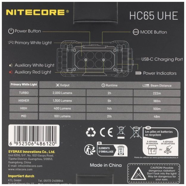 Nitecore HC65 UHE Hunting Edition – 2000 lumens – 3 light sources