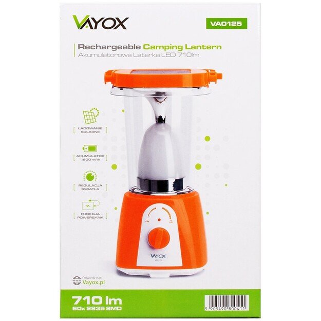 Vayox VA0125 710lm įkraunamas kempingo žibintuvėlis su saulės baterija
