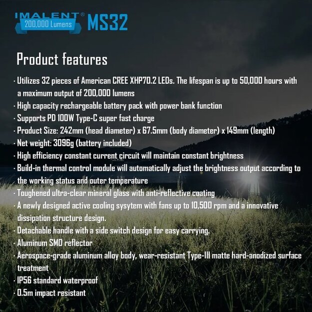 Imalent MS32W 200000lm, 1618 metrų prožektorius