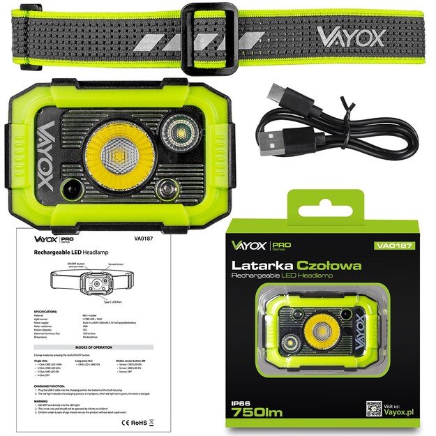 Vayox Įkraunamas žibintuvėlis 750lm CREE + SMD Pro Series VA0187