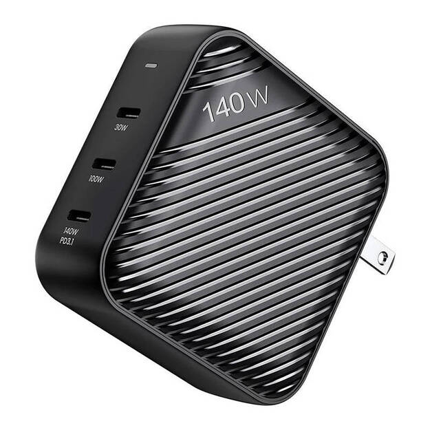 Sieninis įkroviklis INVZI GanHub 3x USB-C, 140W, EU/UK/AU/US (juodas)