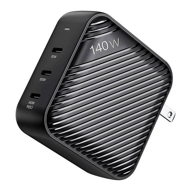 Sieninis įkroviklis INVZI GanHub 3x USB-C, 140W, EU/UK/AU/US (juodas)