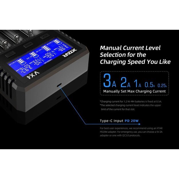 XTAR VX4 Li-ion 1.5 V / 3.6 V / 3.7 V / Li-FePO4 / Ni-MH battery charger complete with power supply