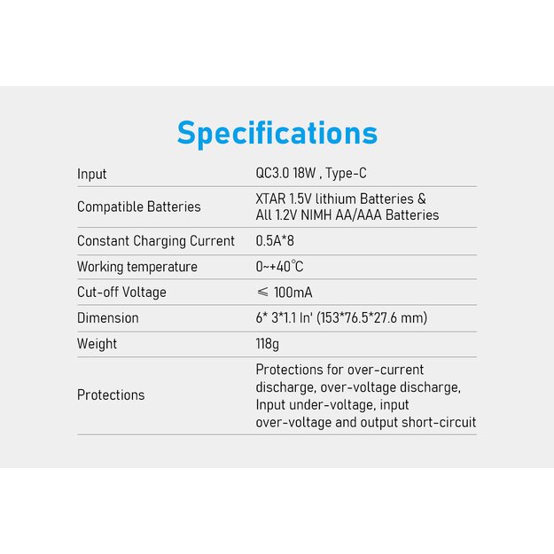 Зарядное устройство XTAR BC8 для литий-ионных аккумуляторов 1,5 В типа AA/AAA