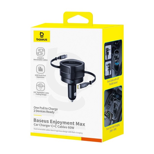 Baseus Enjoyment Max car charger with USB-C+USB-C cables 60W Black