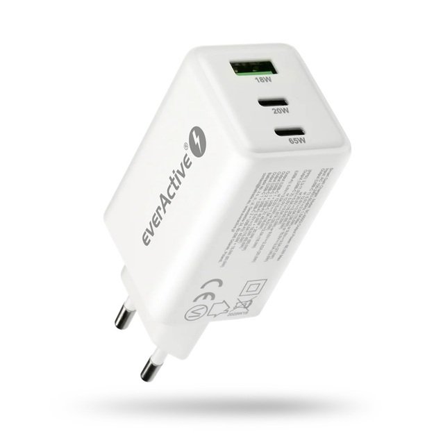 everActive GaN SC-655Q kintamosios srovės įkroviklis su USB lizdu ir 2 USB-C PD PPS QC4+ 65W