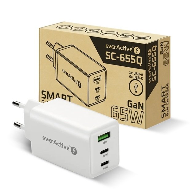everActive GaN SC-655Q kintamosios srovės įkroviklis su USB lizdu ir 2 USB-C PD PPS QC4+ 65W
