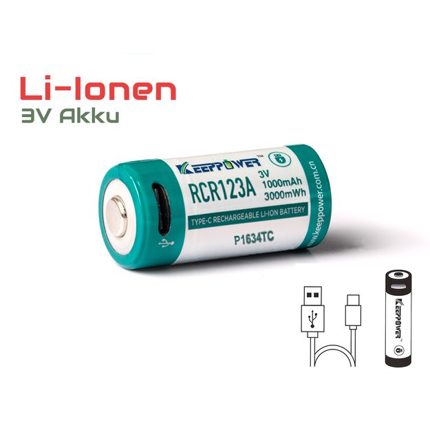 Keeppower RCR123A – 3V – 1000 mAh ličio jonų baterija (įkraunama per USB-C) P1634TC