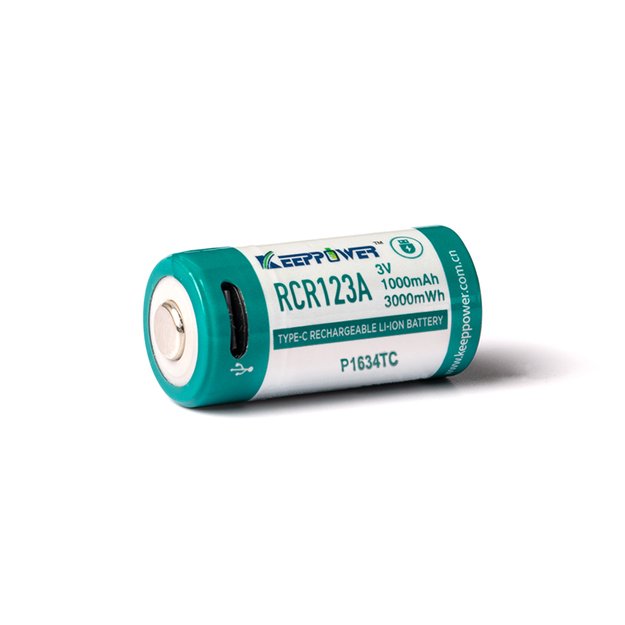 Keeppower RCR123A – 3V – 1000 mAh ličio jonų baterija (įkraunama per USB-C) P1634TC
