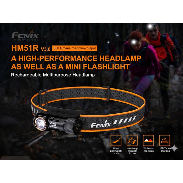 Fenix HM51R Ruby V3.0 Flashlight 860 lm ALL BLACK