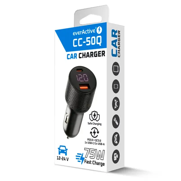 everActive CC-50Q automobilinis įkroviklis su USB QC3.0 ir USB-C PD 75W