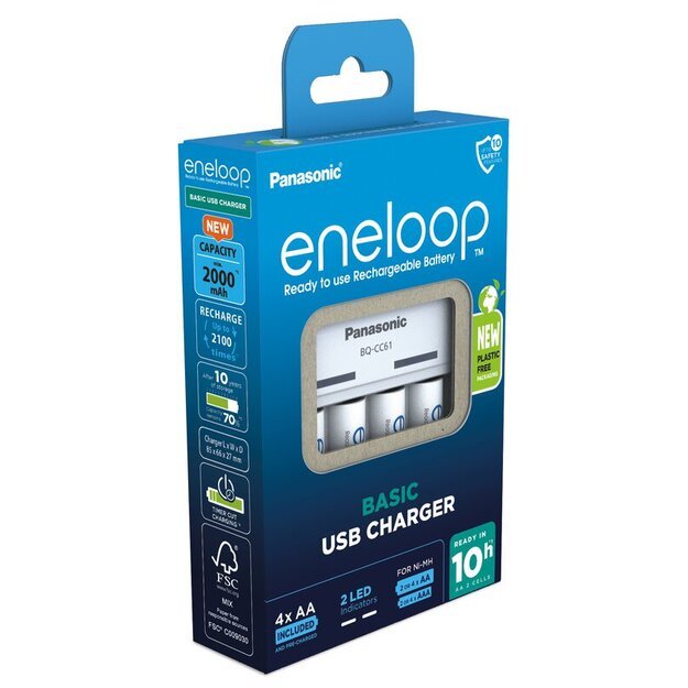 Panasonic Eneloop BQ-CC61 USB įkroviklis + 4 x R6/AA Eneloop 2000mAh