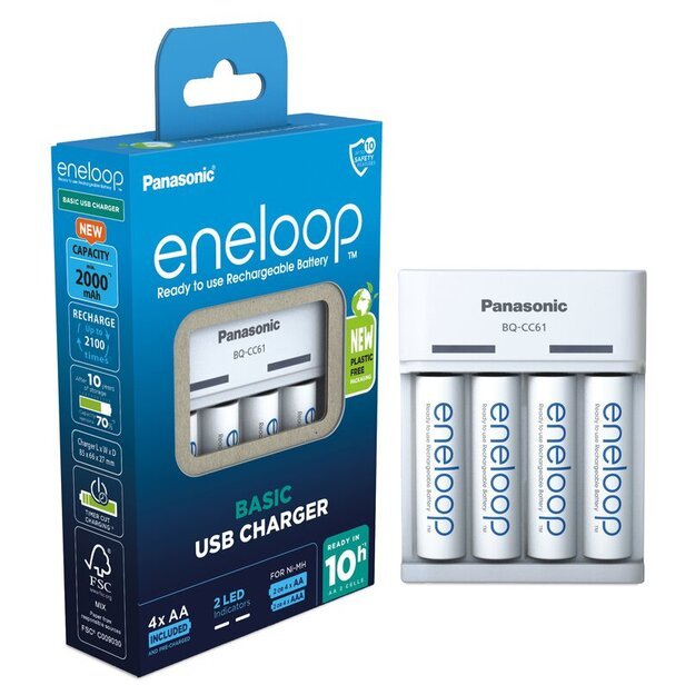 Panasonic Eneloop BQ-CC61 USB įkroviklis + 4 x R6/AA Eneloop 2000mAh
