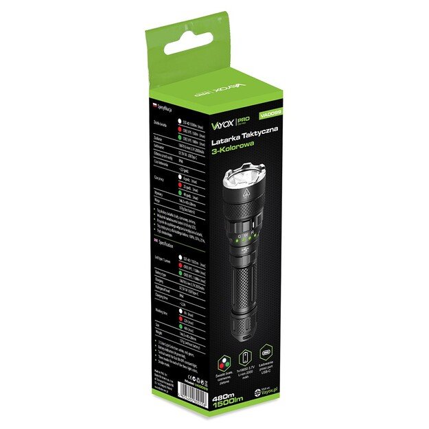 Vayox Pro Series 3 spalvų SST40 taktinis žibintuvėlis 1500lm VA0099