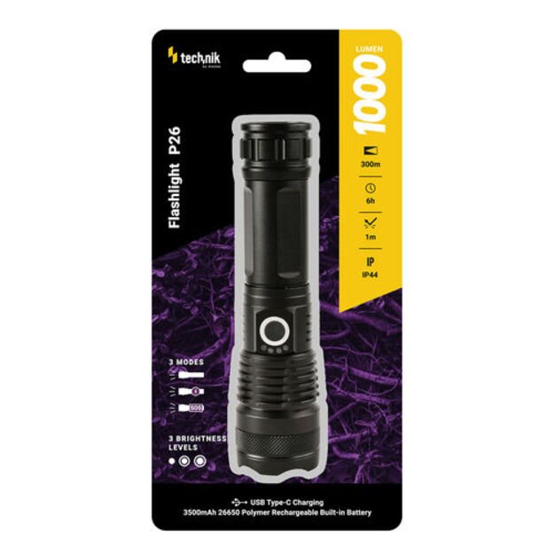 Technik P26 26650 3500mAh P50 LED + USB-C 1000 liumenų žibintuvėlis
