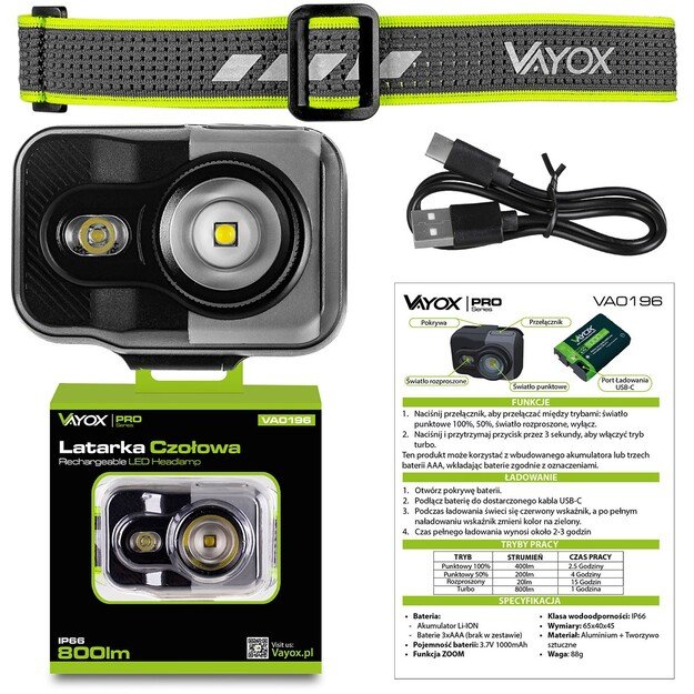 Vayox Įkraunamas žibintuvėlis 800lm CREE + SMD Pro Series VA0196