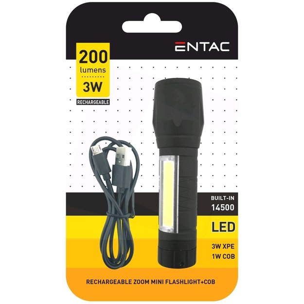 Įkraunamas žibintuvėlis 3W+COB 200lm