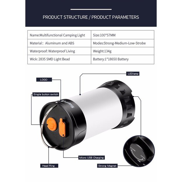 Supfire T1 kempingo lempa