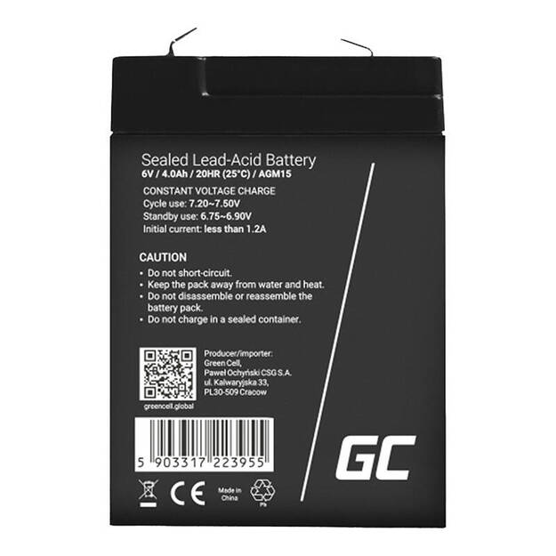 Techninės priežiūros nereikalaujantis AGM VRLA Green Cell AGM15 6V 4Ah akumuliatorius (skirtas signalizacijai, kasos aparatui, žaislui)