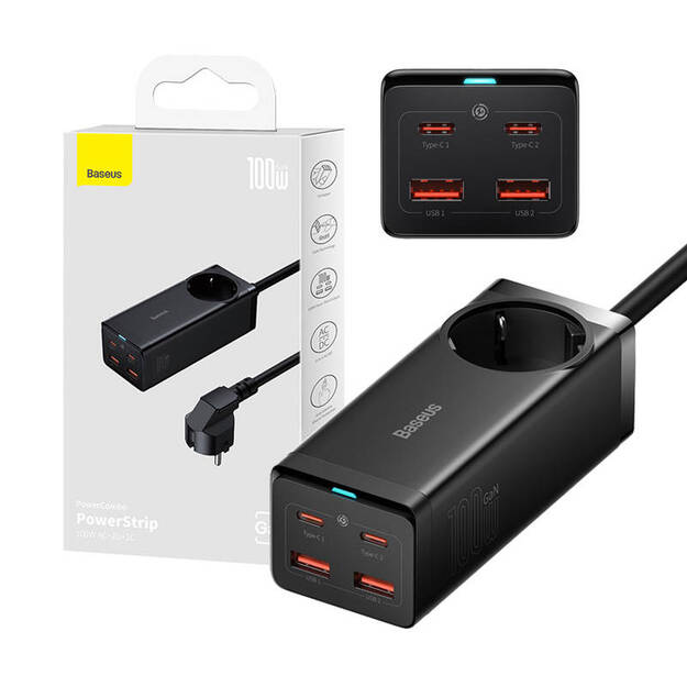 Настенное зарядное устройство Baseus GaN3 Pro / разветвитель питания 2xUSB + 2xUSB-C + AC, 100 Вт (черный)