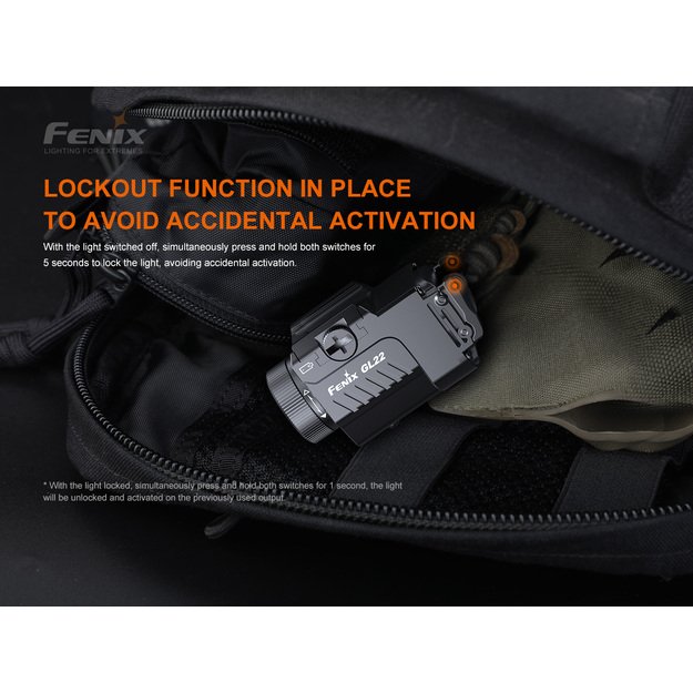 Fenix GL22 750lm taktinis žibintuvėlis ant ginklo su raudonu lazeriu