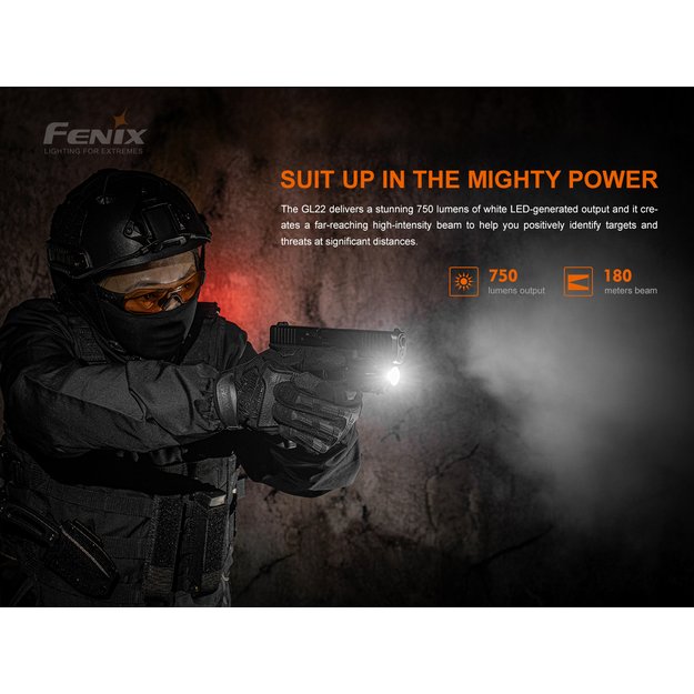 Fenix GL22 750lm taktinis žibintuvėlis ant ginklo su raudonu lazeriu