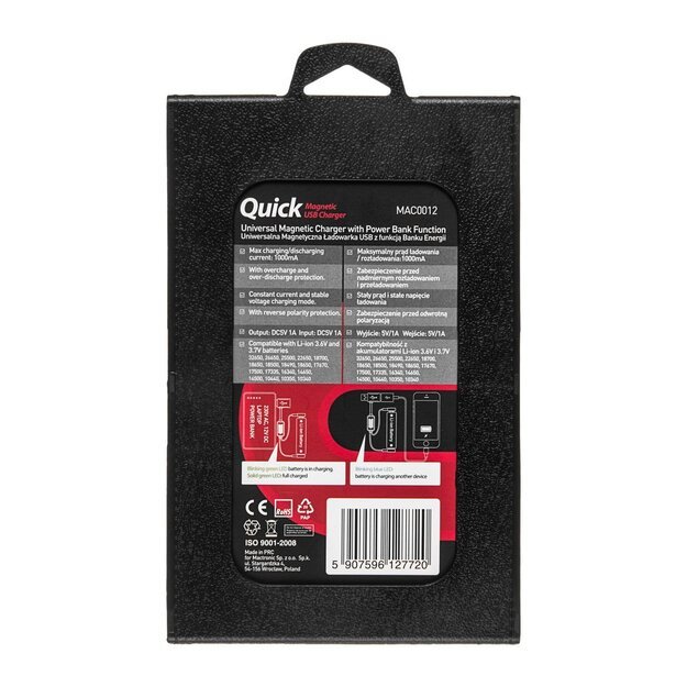 Magnetinis USB Li-ion akumuliatorių įkroviklis su PowerBank funkcija MAC0012