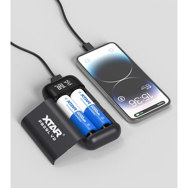 Xtar PB2SL V2 черное зарядное устройство / внешний аккумулятор для цилиндрических литий-ионных аккумуляторов 18650 / 20700 / 21700