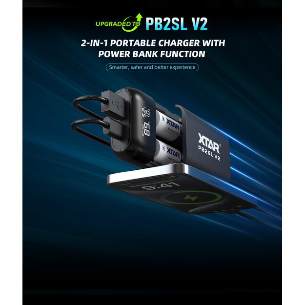 Xtar PB2SL V2 черное зарядное устройство / внешний аккумулятор для цилиндрических литий-ионных аккумуляторов 18650 / 20700 / 21700