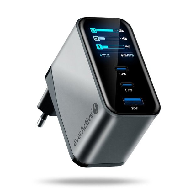 „everActive GaN LCD SC-670Q PRO“ įkroviklis su USB lizdu ir 2x USB-C PD PPS QC4+ 67W
