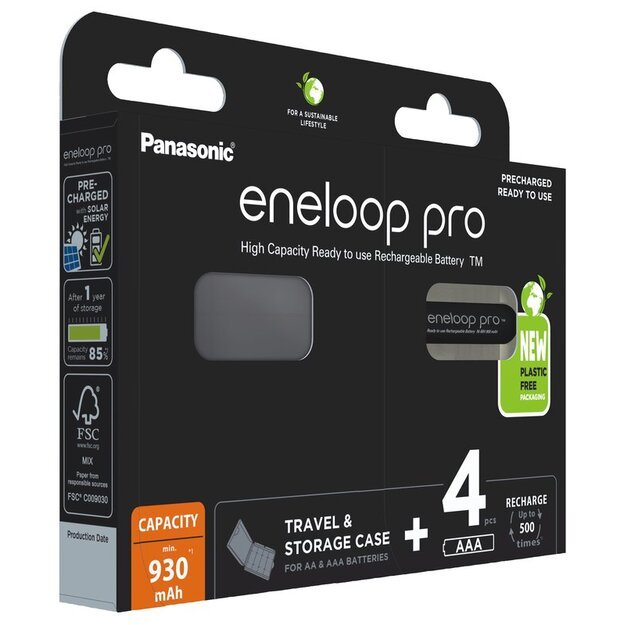 Panasonic Eneloop PRO Ni-MH 930mAh x 4 pakraunamos baterijos R03 + dežutė BK-4HCDEC4BE