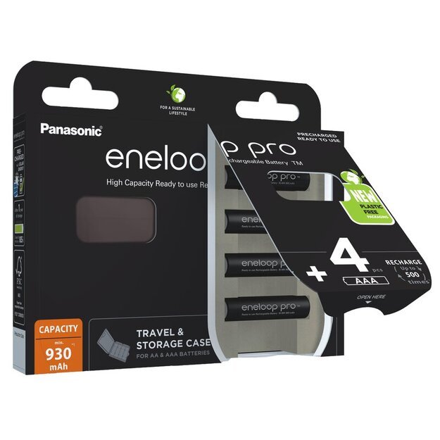 Panasonic Eneloop PRO Ni-MH 930mAh x 4 pakraunamos baterijos R03 + dežutė BK-4HCDEC4BE