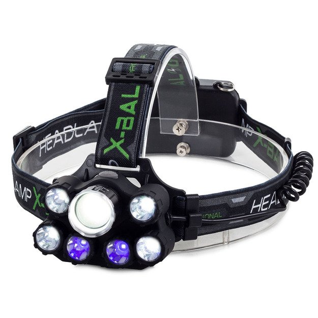 Žibintuvėlis ant galvos 7xLED CREE XM-L T6 su mėlyna šviesa