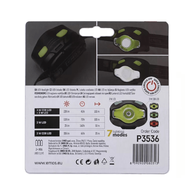 Žibintuvėlis ant galvos EMOS COB LED 220 lm,100m, 3xAAA P3536