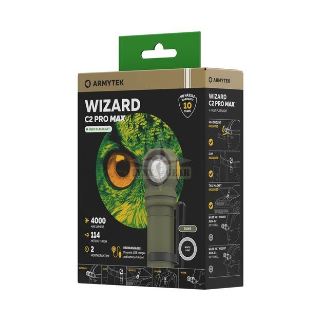 Armytek Wizard C2 Pro Max USB žibintuvėlis, balta, Olive spalva F06701CO