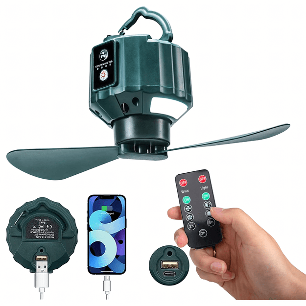 Nešiojamas 2-in-1 ventiliatorius ir žibintas palapinei, miegamajam, stovyklavietei USB 5200 mAh