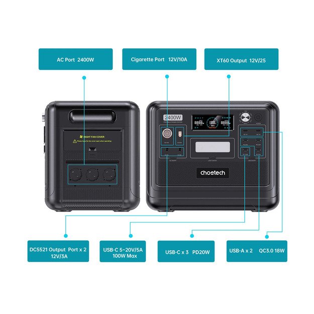 Choetech BS008 2400W kintamosios srovės maitinimo stotis - juoda