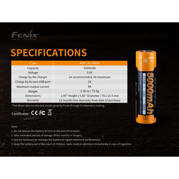 21700 baterija FENIX ARB-L21-5000U USB įkraunama baterija